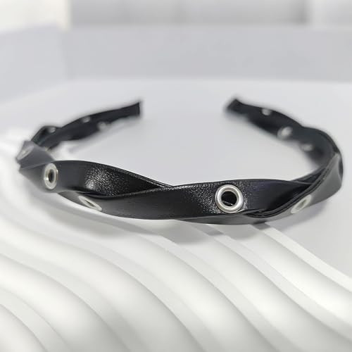 Fanssya Braided Faux Leather Headband With Silver Grommets Black