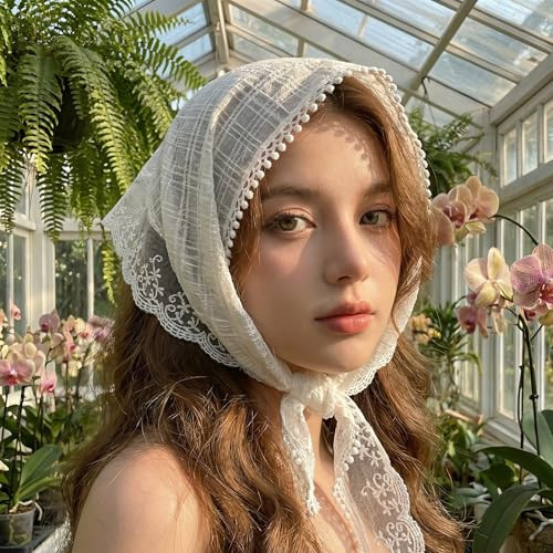 Bookay White Lace Head Scarf For Women Triangle Bandana Style Headband With No Crease Design Boho Hair Accessory For Spring And Summer