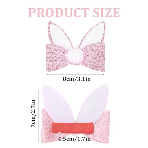 Anbala 2Pcs Glitter Easter Hair Bows For Women Girls Pink Easter Bows Cute Bunny Hair Clips 3.03 Inch White Rabbit Ear Alligator Clip Easter
