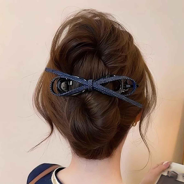 Jugielu Vintage Cowboy Bow Twist Hair Barrette French Black Banana Clips Blue Bowtie Hair Claw Clip Nonslip Ribbon Hairclip Bowknot Hair