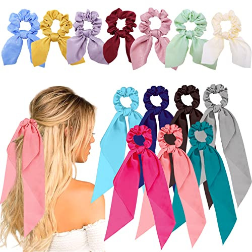 JOACHIO 14 Pieces Hair Scarf Scrunchies, Satin Scrunchies with Bow Hair Ties, Bunny Ear Hair Bands Bowknot Hair Accessories for Women Girls