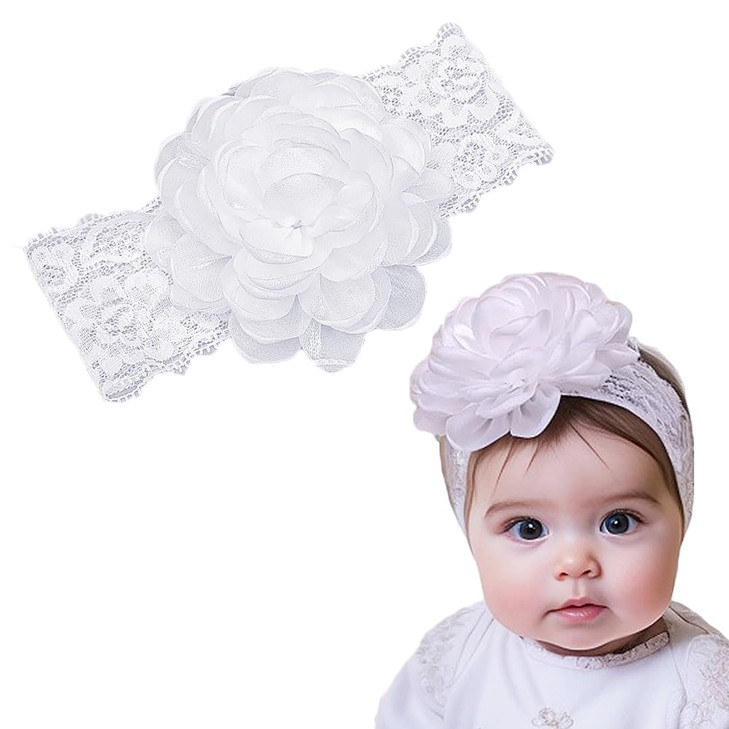 Yheahin White Lace Christening Headband For Baby Girl Soft Cotton Flower Baptism Toddler Elastic Hairband Bow Newborn Infant Hair