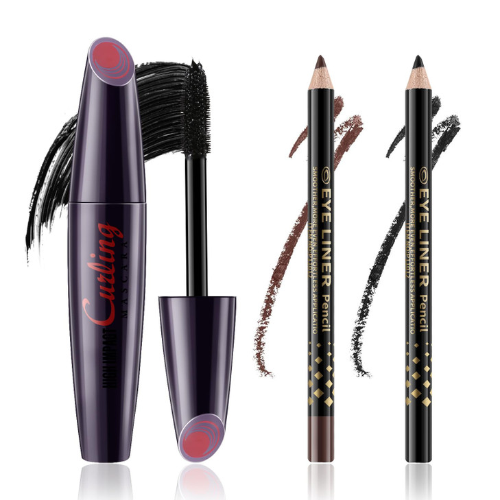 Geuufea 3 Piece Waterproof Mascara And Eyeliner Set Black Volumizing Cream Finish Medium Coverage Unisex