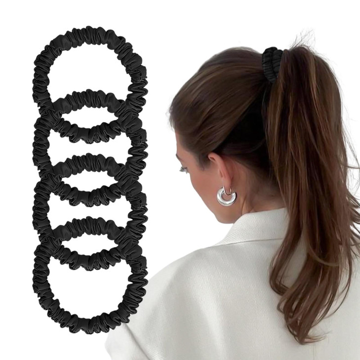 Mulberry Silk Scrunchies 4 Pack Non Slip Black Small Thin Silk Scrunchies For Women Sleepy Ties For Thick Hair