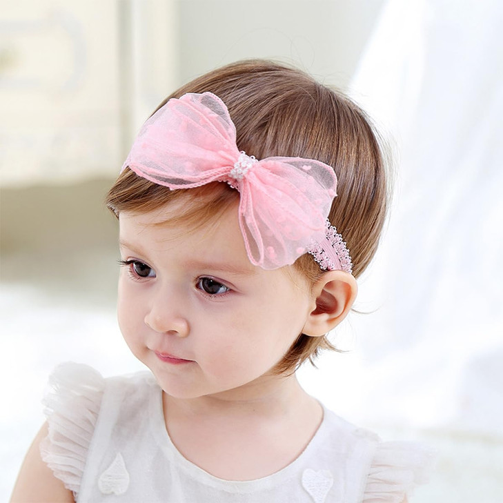 Rannyrena Baby Girl Bows Lace Headband Soft Cotton Tulle Hair Band Princess Infant Head Wrap Turban Ribbon Bow Knot Elastic Hair Accessory