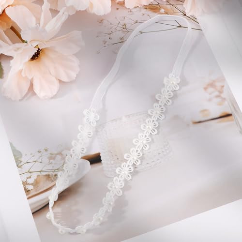 Vovii Adjustable Baptism Headband For Girl White 15.75 Inch Lace Baby Headband Baptism Hair Accessories For Girls White Newborn Bow Flower
