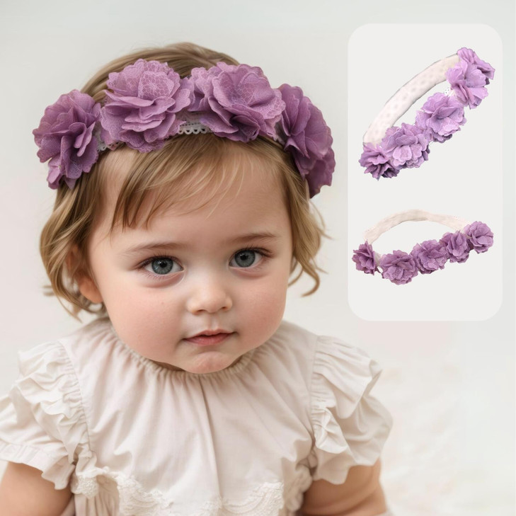 Rannyrena Cute Lace Flower Baby Girls Headband Elastic Floral Head Wrap Baby Birthdayturban Hairband For Newborn Infant Toddler Kids Purple