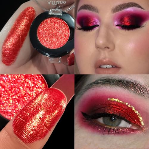 Afflano Red Glitter Eyeshadow Diamond Bright Red Eyeshadow Instant Color Super Pigmented Metallic Eye Shadow One Swipe Holographic Single