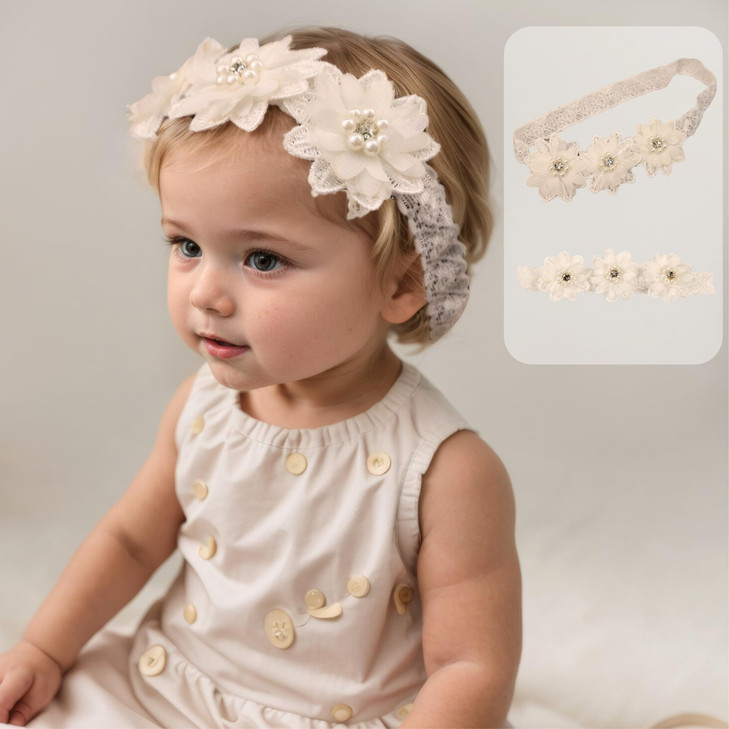Rannyrena Baby Girls Lace Headband Handmade Flower Hair Band Infants Head Wrap Soft Elastic Pearl Floral Hairband For Newborn Toddler Kids