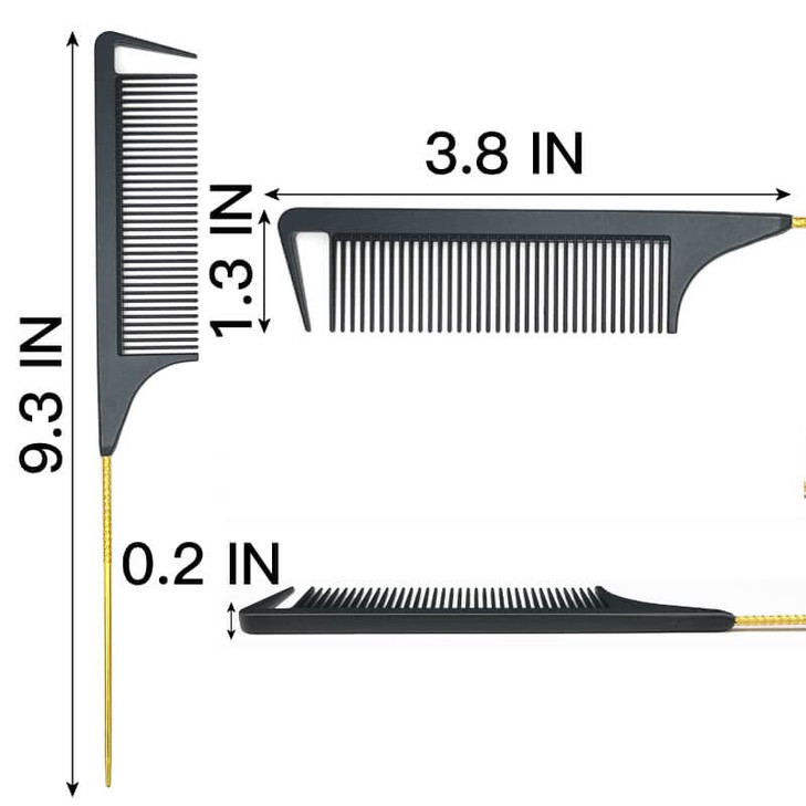 Lltgmv 9.3 Rat Tail Comb For Hair Styling Parting And Braiding With Metal Stainless Steel Pintail Black And Gold