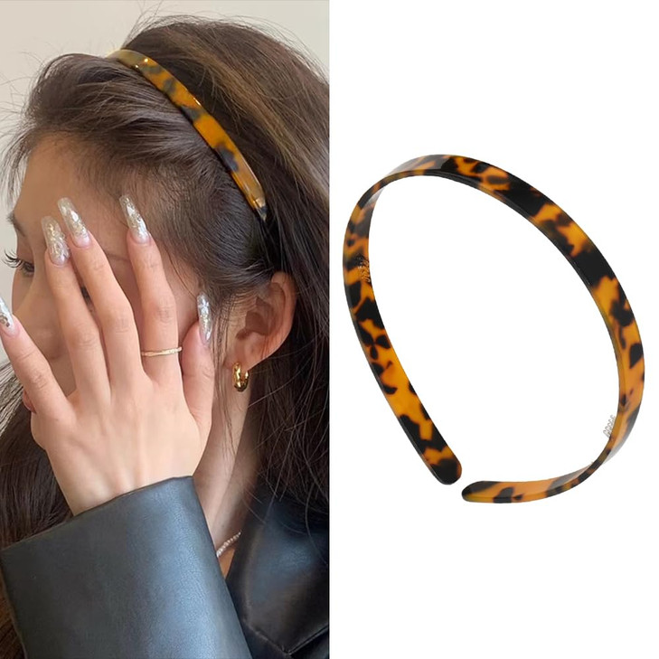 Kefley Tortoise Shell Acetate Headband For Women With Teeth Leopard Print Resin Thin Headbands Vintage Hairband Headpiece