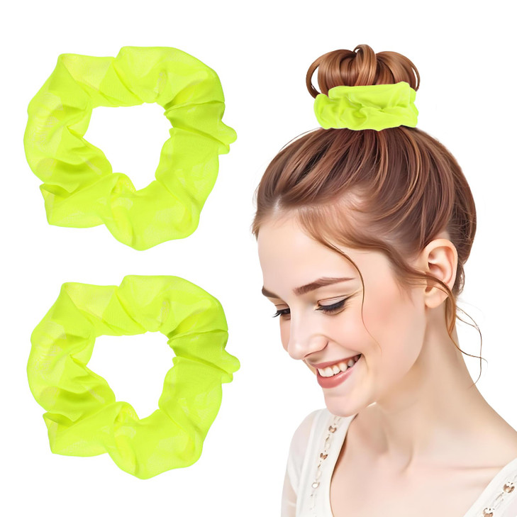 Tyqour 2Pcs 80S Neon Scrunchies Soft Hair Scrunchiesneon Hair Accessories Elastic Hair Bands Hair Ties Ponytail Holders Yellow Scrunchy Hair