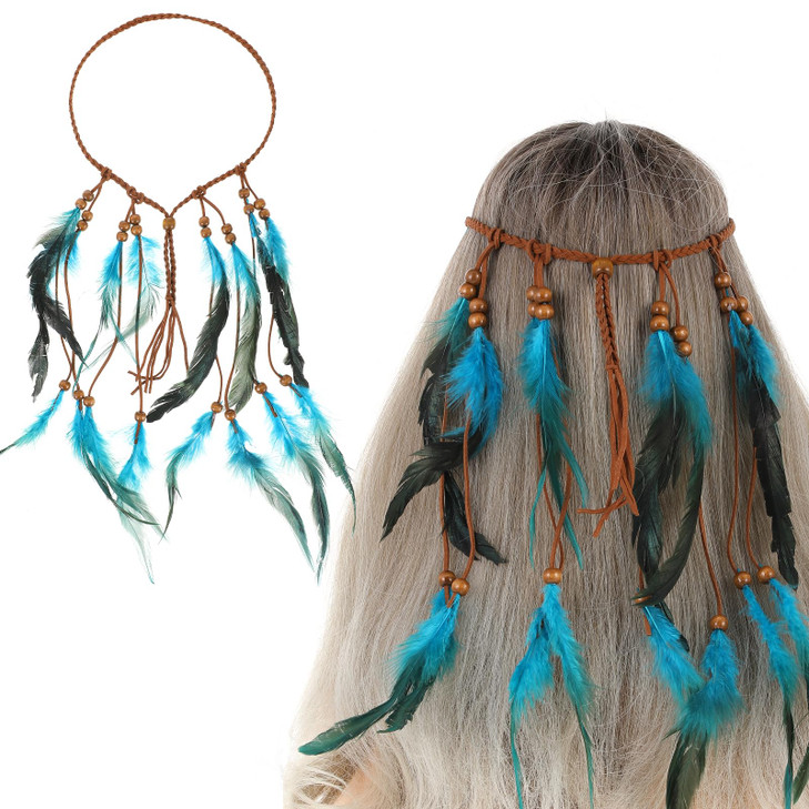 Oruola Native American Headband Blue Indian Feather Headdress For Women Boho Indian Feather Headband Hippie Headpiece Gypsy Indians Costume