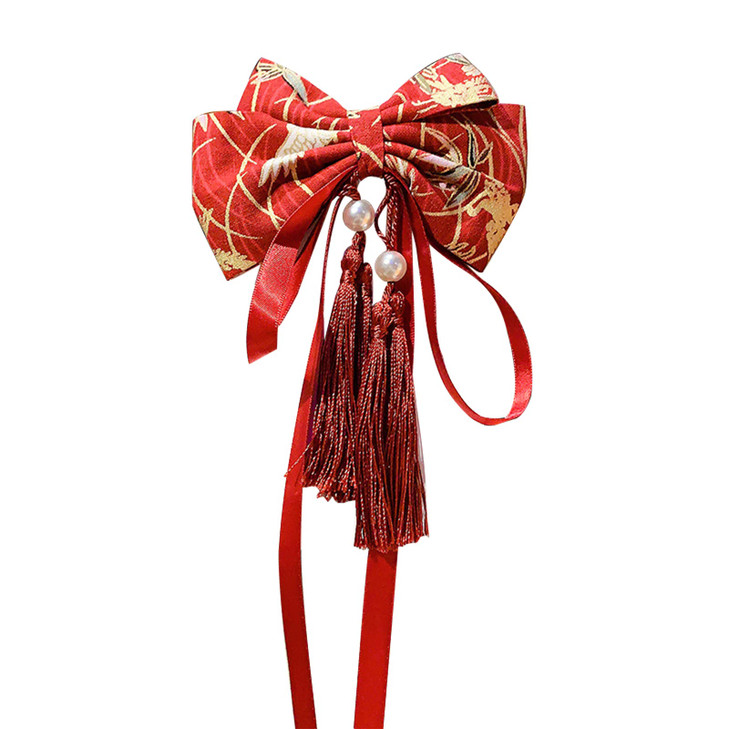 Crizan Chinese Style Bows Tassels Hair Clips Barrettes Hanfu Hair Accessories Red For Girls Women Festival