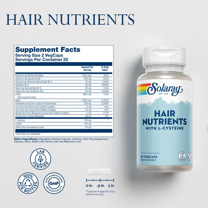 SOLARAY Hair Nutrients with L-Cysteine - Hair Vitamins with Biotin for Hair Growth Support - Hair Skin and Nails Vitamins for Women and Men - Lab Ver