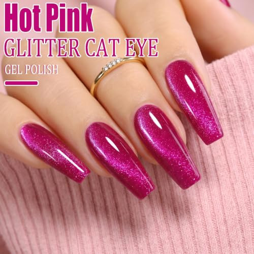 Ahamiou Hot Pink Cat Eye Gel Nail Polish 10Ml Magnetic Shimmer Gel Polish