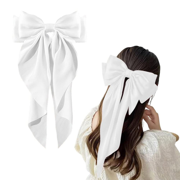 Large Hair Bow Clips For Women Girls Silky Satin Hair Barrettes With Long Ribbon Tail White Hair Bows Slides Wedding Hair Accessories For