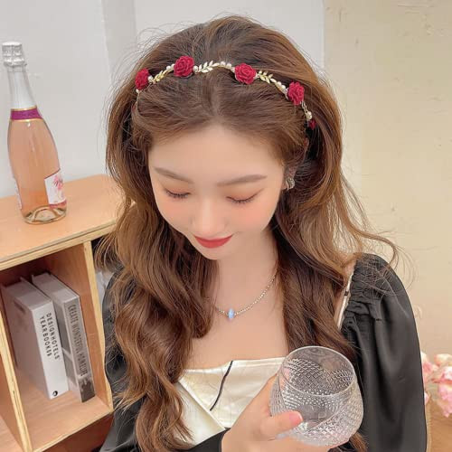 Aiupuoc Valentine Headband Hair Clips Flower Metal Hair Accessories Exquisite Red Rose Gold Metal Design Elegant Hair Hoop Hairband Hairpin