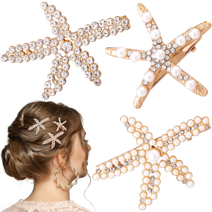Pagow 3 Pcs Starfish Hair Clips Gold Rhinestone Pearls Crystal Hair Clips