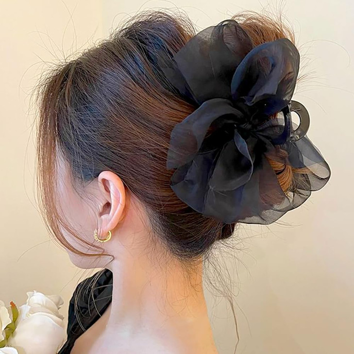Black Mesh Tulle Bowknot Hair Claw Clips Large Chiffon Clips For Women S Thick Hair Elegant Hair Accessories