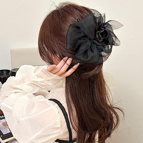 Black Mesh Tulle Bowknot Hair Claw Clips Large Chiffon Clips For Women S Thick Hair Elegant Hair Accessories