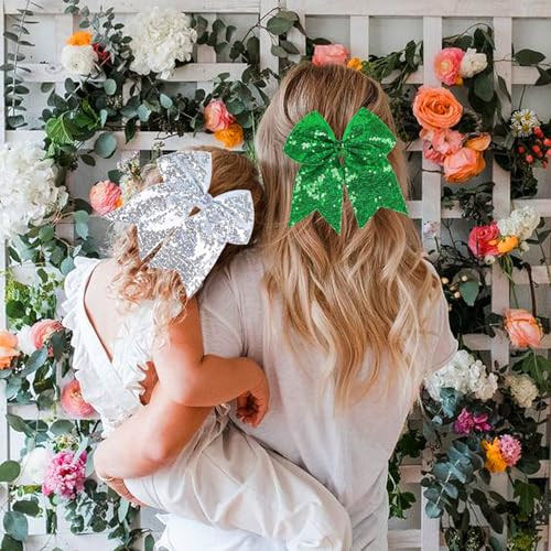 Jumbo Glitter Cheer Bow Clip 7 Inch Large Cheerleading Sequin Hair Bow With Tails For Girls Teen Softball Cheerleader Outfit Uniform Green