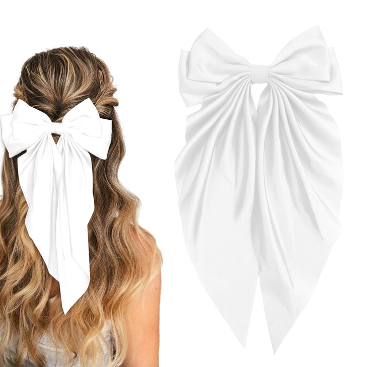 Illpta Hair Bow For Girls Cute Bow Hair Clips For Women Oversized Satin Hair Clips Long Ribbon Hair Accessories Gifts For Girl Pure White