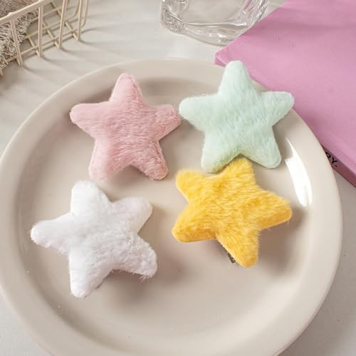 4 Pcs Yellow Star Hairpins Solid Color Fluffy Fuzzy Soft Anti Slip Hair Decor Portable Sweet Style Pentagram Bangs Clips Hair Styling Clips