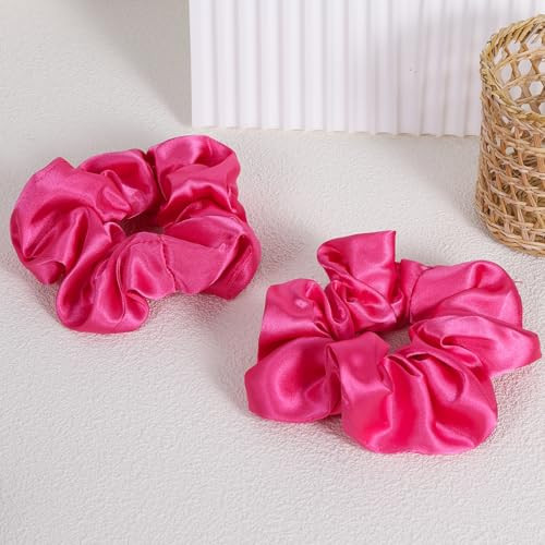 Satin Silk Hair Scrunchies 2Pcs Hot Pink Mulberry Hair Ties For Women Girls