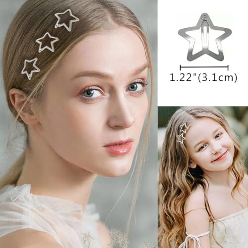 20 Pcs 1.22 Inches Star Hair Clips Snap Star Hair Barrettes Cute Lovely Accessories Non Slip Clips For Girls Women 2000S Y2K Silver Metal