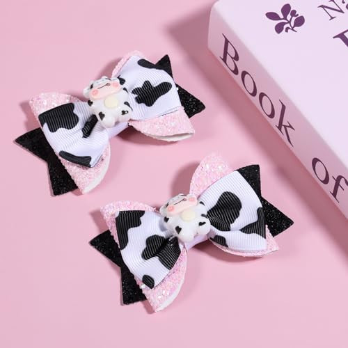 2Pcs Glitter Pink Cow Print Hair Bow Clips For Toddler Teen Baby Girls Country Birthday Party Gift Cute Cow Ribbon Alligator Barrettes