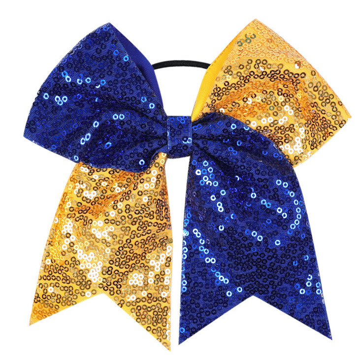 Xansema Bow Hair Tie For Girls Large Cheer Bow Sequins Ponytail Women Teen Girls Cheerleading Ribbon Holder Hair Band Deep Blue Plus Yellow
