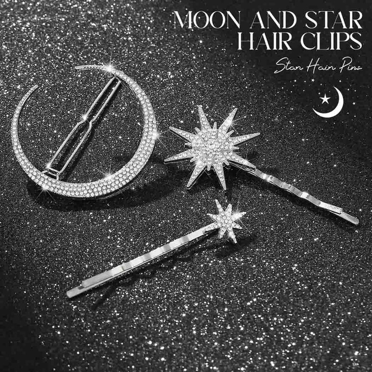 Bartosi Rhinestone Moon Hair Clips Silver Star Hairpins Crystal Decorative Bobby Pin Bride Wedding Hair Pins Side Clip Hair Accessories For