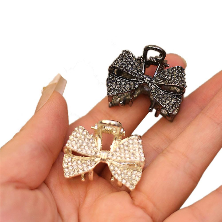 Xiwstar 2Pcs Mini Claw Clips Crystal Rhinestone Bow Hair Clips Small No Slip Grip Jaw Clips Glitter Teeth Metal Clamps Hair Accessories For