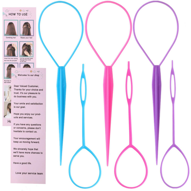 Schembo Topsy Tail Hair Tool Set 6Pcs Loop Styling Tool Ponytail Pull Through Two Sizes 3 Colors Pink Purple Blue For Women Girls And Kids
