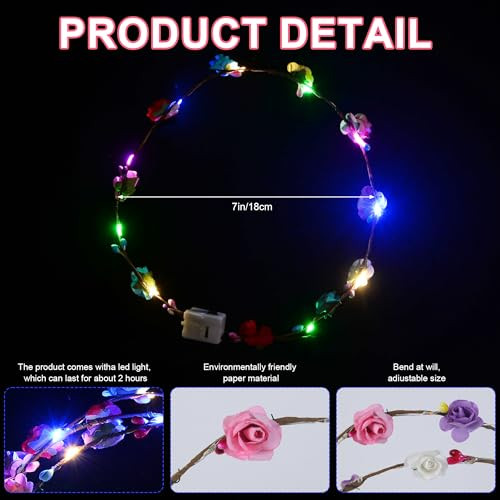 Qsjqllo 20 Pcs Led Flower Crowns Headbands Light Up Headbands For Women Glow In The Dark Headband Wreath Suitable For Birthdays Weddings