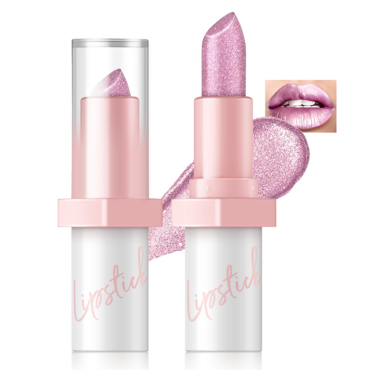 Hosaily Metallic Pink Frost Glitter Lipstick For Women Long Lasting High Shine Diamond Creamy Nude Light Pink Lipstick Transfer Proof