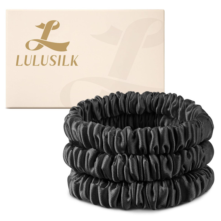 Lulusilk Small 100 Percent Mulberry Silk Scrunchies Black Ties For Thin Hair 3 Pc