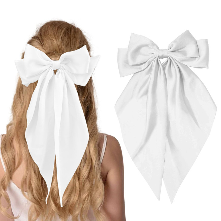 Big Bow Hair Clips For Girls Silky Satin Hair Bows Large Hair Barrettes Cute With Long Tails Wedding White Hair Accessories For Women