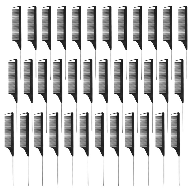 36 Pcs Rat Tail Combs Parting And Braiding Combs Steel And Carbon Fiber Heat Resistant Black