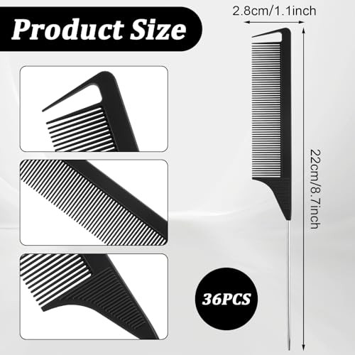 36 Pcs Rat Tail Combs Parting And Braiding Combs Steel And Carbon Fiber Heat Resistant Black