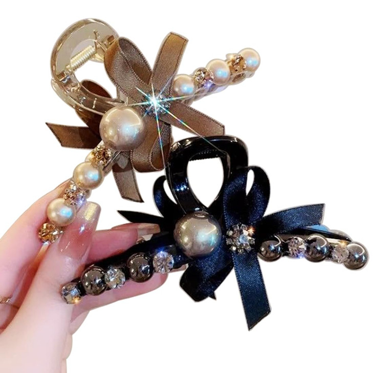 Wenlly 2 Pieces Bow Hair Claw Clips Glitter Crystal Hair Jaw Clip Non Slip Shark Hair Clamp Barrettes Fashion Hair Accessories