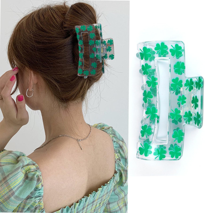 Wrbajis St Patricks Day Hair Clips Green Shamrock Hair Claw Clips Lucky Clover Hair Barrettes Strong Hold Claw Clip St.