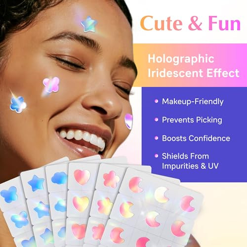 Voibon Hologram Pimple Patches For Face Cute Hydrocolloid Acne Patches Salicylic Acid And Tea Tree Colorful Moon Spot Stickers Zits And