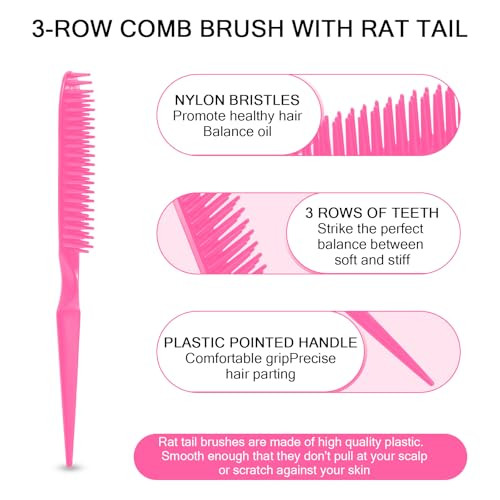 Simpor 3 Row Hair Comb For Natural Detangling Hair Styling Brush Nylon Bristle Unbraider Teasing Rat Tail Comb For Women Men Rose Pink
