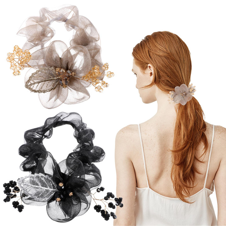 2 Pcs Clear Flower Scrunchie For Women Elastic Flower Hair Ties Rhinestone Ponytail Holder Embroidery Hairbands Rope For Parties Daily Use