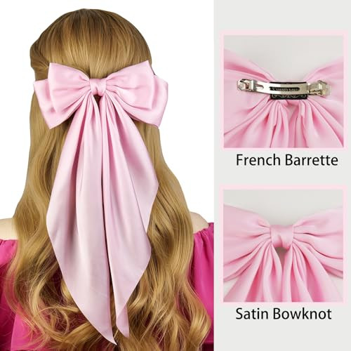Jgqur Large Pink Satin Hair Bow Clip For Women Girls Oversized Long Tail Hair Accessory For Party Outfits Gift For Girls 1 Pack