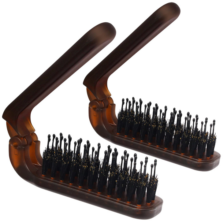 Qjaiune 2 Pack Foldable Boar Bristle Brush 3.7 Pocket Size Amber