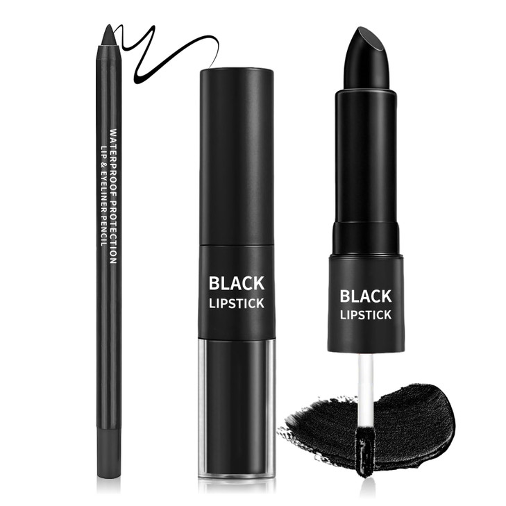 2 In 1 Black Liquid Lipstick And Lip Liner Pencil Kit For Halloween Makeup
