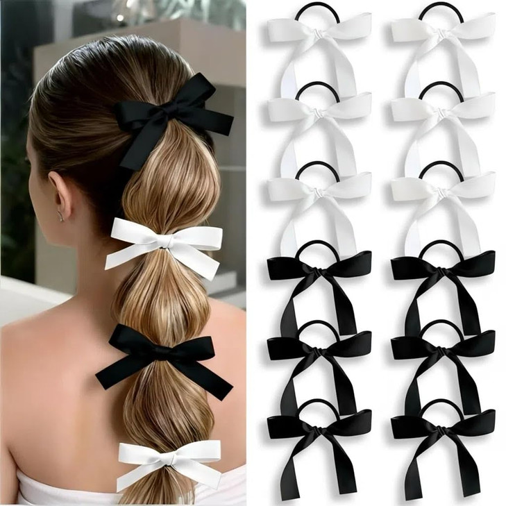 12Pcs Silky Satin Hair Bows Ties For Girls Anti Fraying Bowknot Ribbon Ponytail Holders For Bubble Braids Black And White No Damage Stretchy